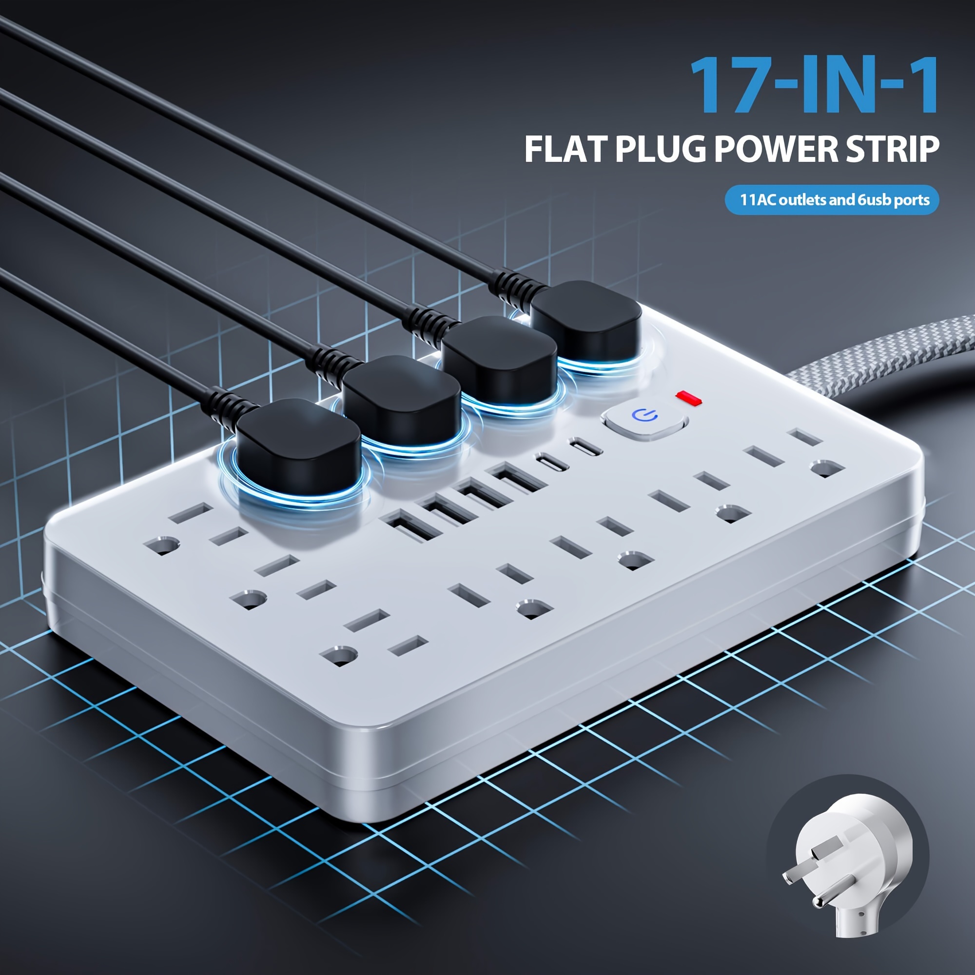 

17-in-1 Protector Power Strip With 10ft Extension Cord, 11 Ac Outlets & 6 Usb Ports (4 Usb-a + 2 Usb-c), 1875w Flat Plug, Compact Size Wall Mount Charging Station For Office, School, Dorm