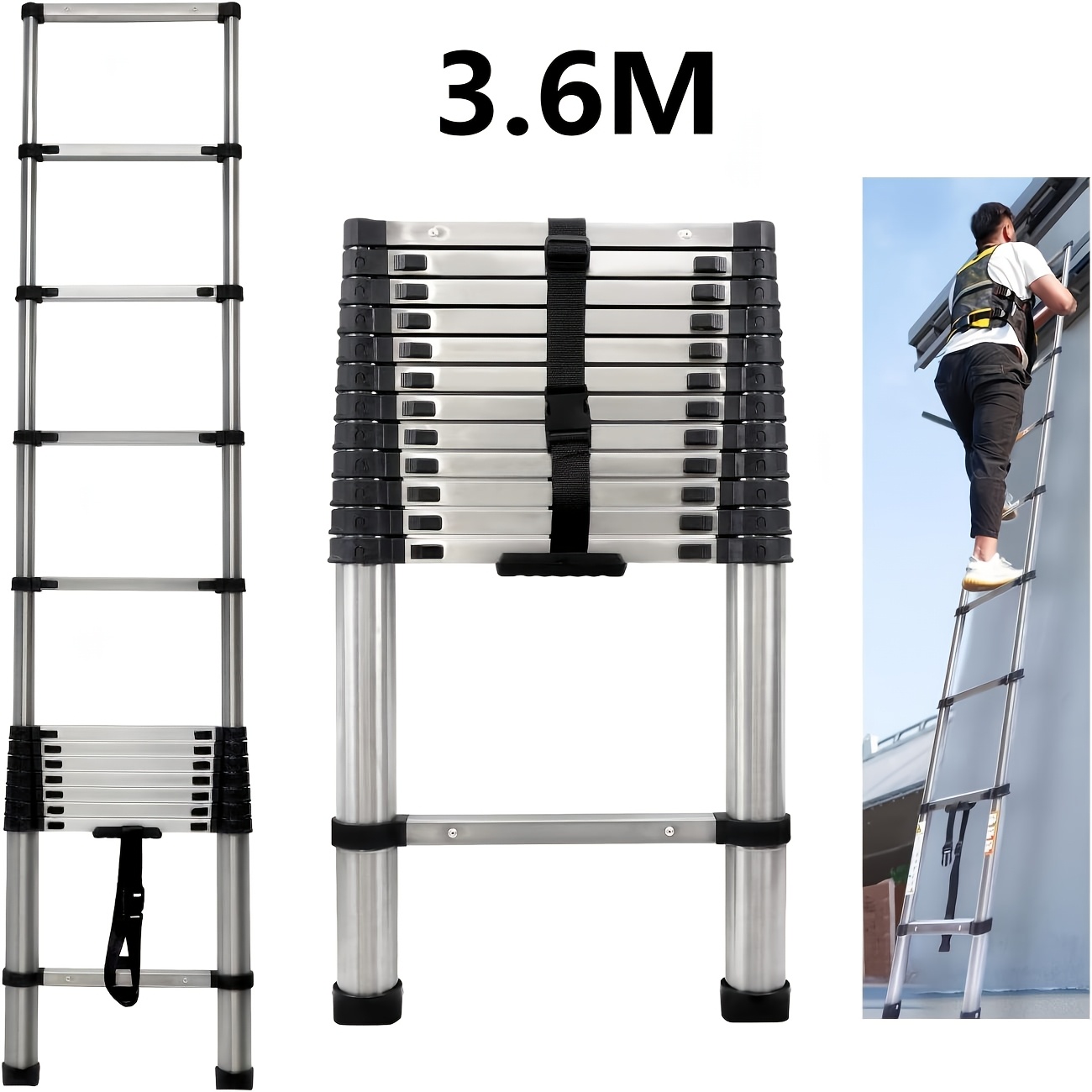 Image of Extra Wide Step Telescopic Ladder, 2.4m/3.2m/3.8m/4.4m Extension Ladder, Collapsible Portable Loft Ladder With Non-slip Feet, Adjustable Height Step Ladder For Home Outdoor Use