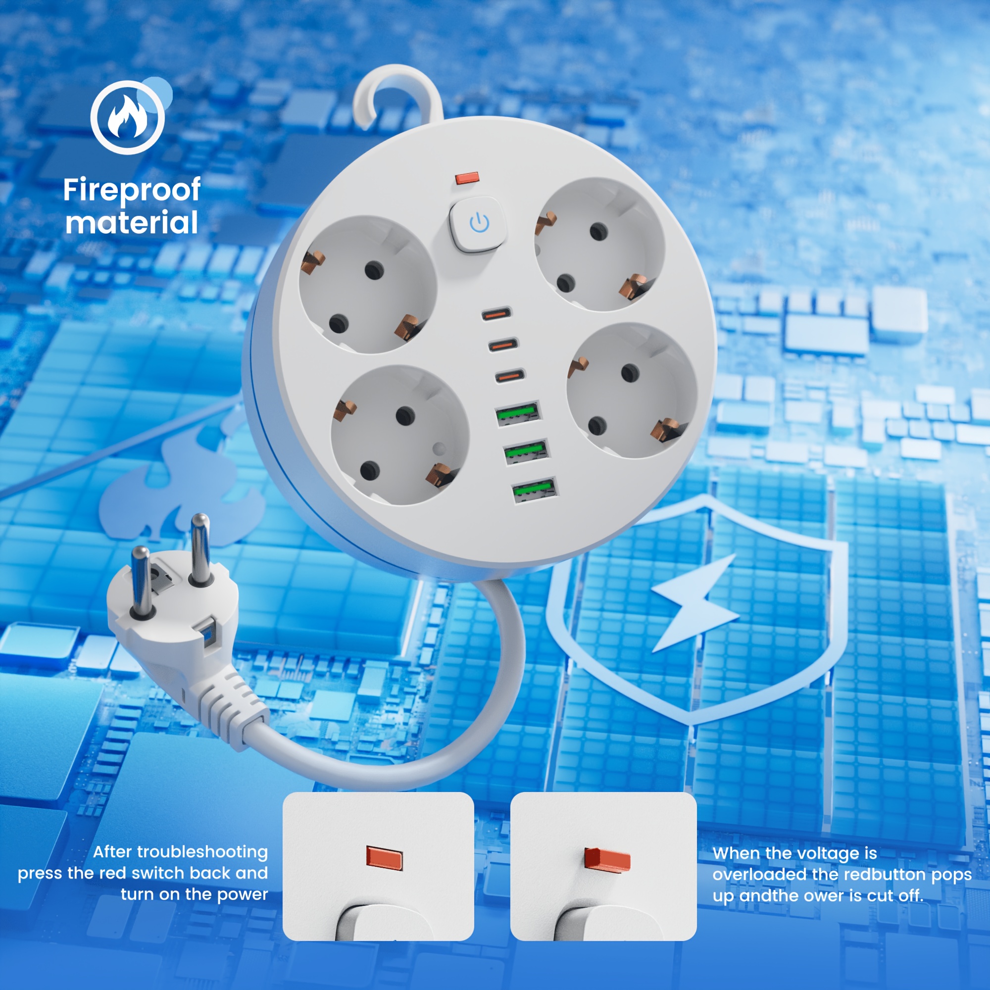 Image of Eu Power Strip With Extension Cord, 4 Ac Outlets, 3 Usb And 3 Type-c Ports, Detachable Hanging Hook, And Protection, Black And White