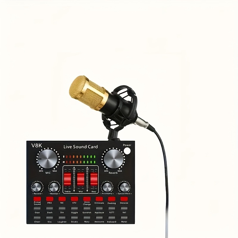 Професионален аудио интерфейс Live Sound Card V8K с напрежение под 36V, с USB кабел за зареждане и вградена 18650 литиева батерия за преносимост - идеален за външно стрийминг, запис, озвучаване и пеене