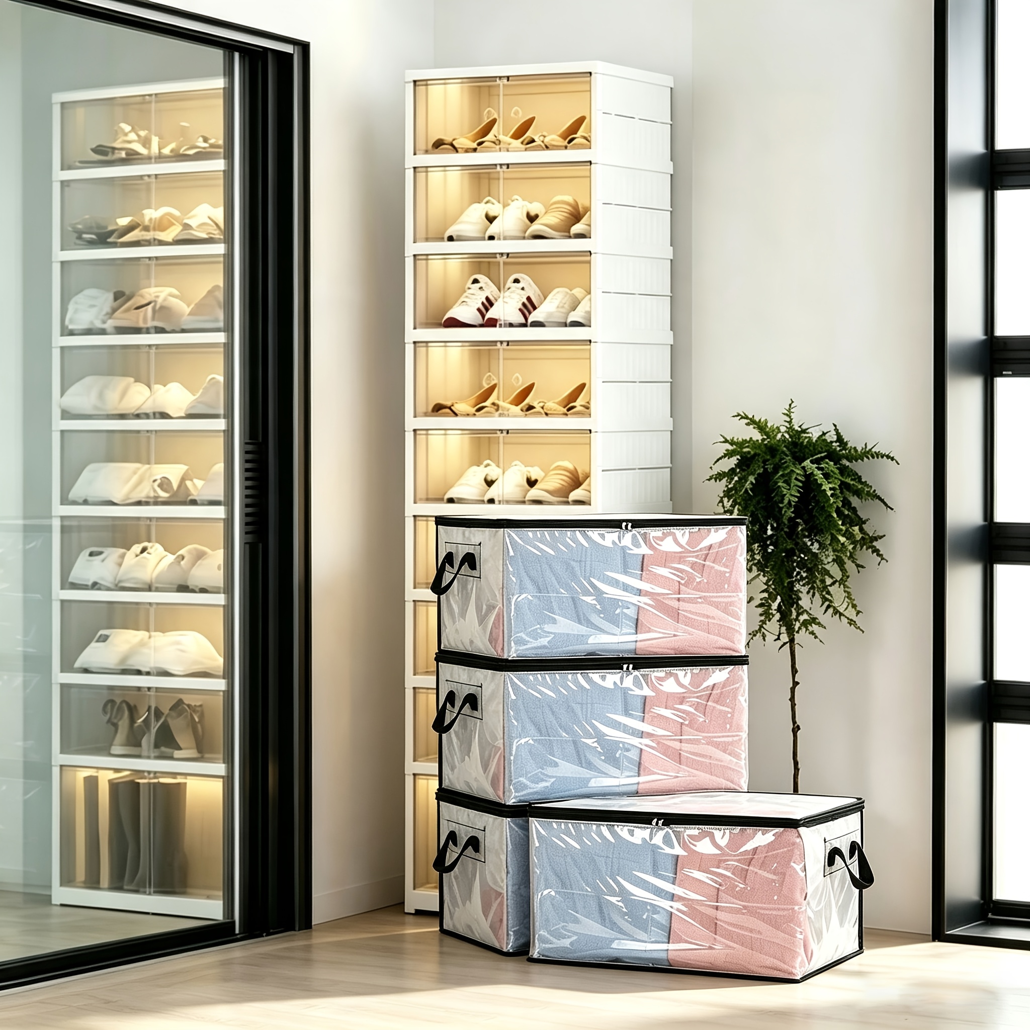 Image of Pack Of 4 Transparent Plastic Storage Bags, 60l Wardrobe Organiser Storage Box With Lid, Clothes Storage, Moving Boxes With Reinforced Handle For Duvets, Clothes, Under-bed Storage