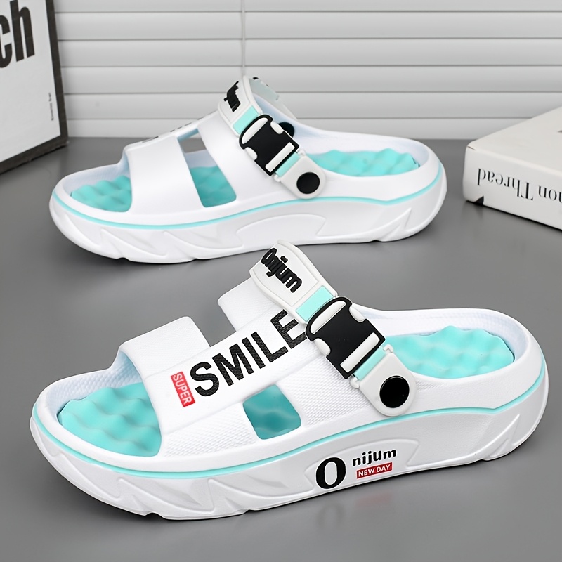 mens summer 2025 new thick sole eva slide sandals slip resistant high quality odor resistant ergonomic arch support massage sole open toe design with   letter print for beach outdoor casual wear outdoor footwear stylish contrast accents antislip footwear strappy sandals suitable for women Product details 3