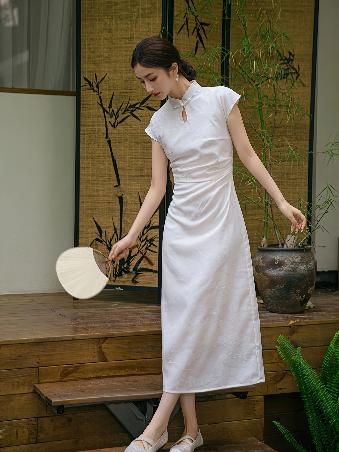 Elegant Chinese Cheongsam Dress for Women - Traditional Qingming River  Scene Jacquard, Short Sleeve, Frog Button Detail, Non-Stretch Fabric