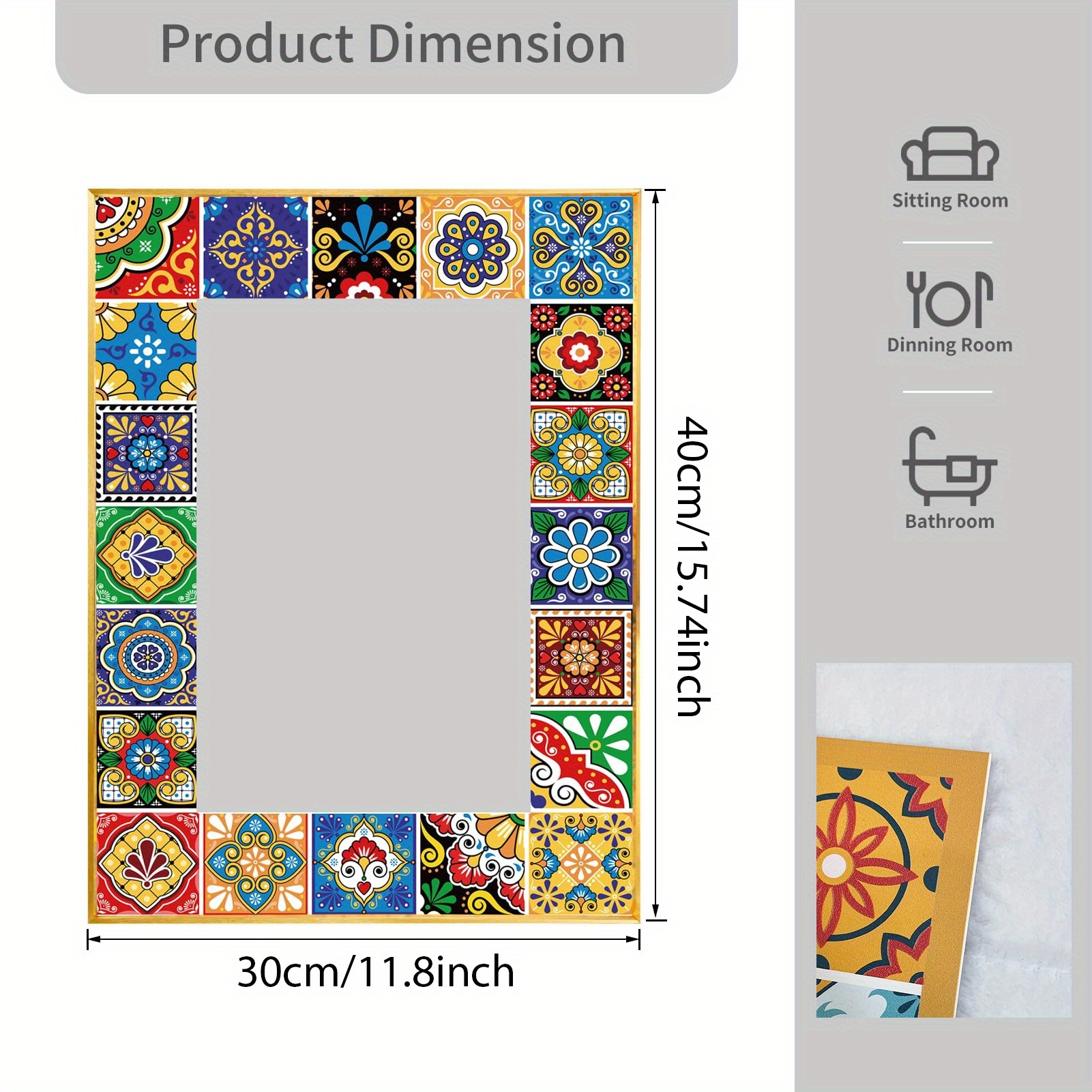 TEMU 1 pieza de espejo de pared de mosaico - Espejo decorativo de estilo bohemio con diseño floral y geométrico , forma irregular única, no necesita