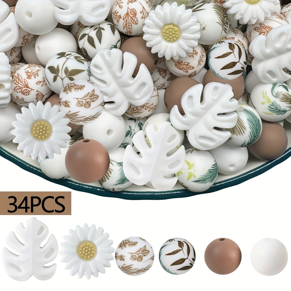 Image of 34pcs Leaf, Daisy Shaped Silicone Beads Set For Making - Pen, Necklace, Keychain Beads - Handmade Jewelry Gift Combo - Craft Supplies-beads & Bead Assortments