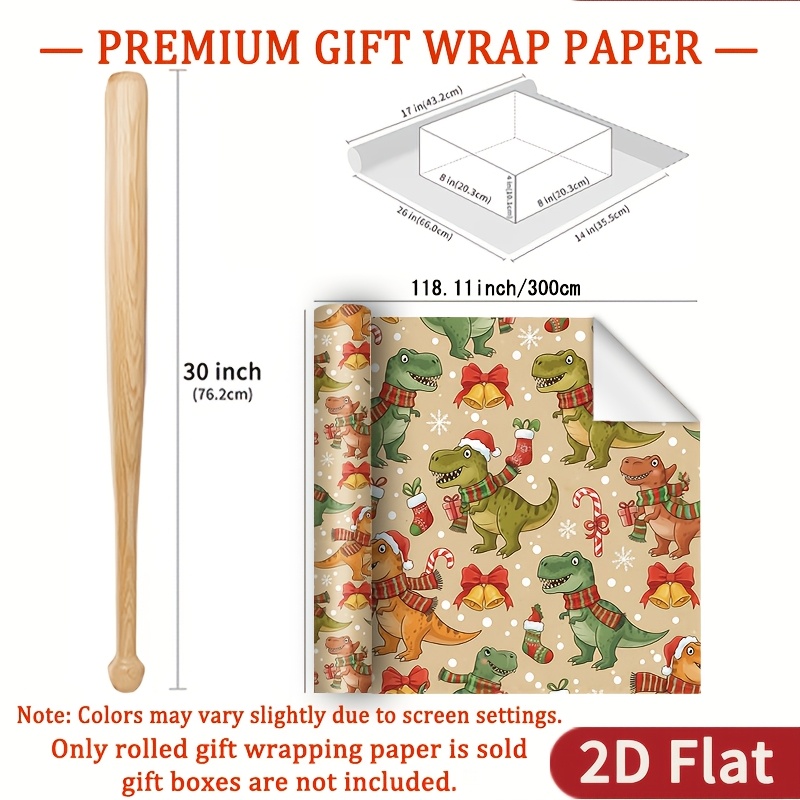 TEMU 1 Rolle 2D-flaches Weihnachts-Dinosaurier-Illustrations-Geschenkpapier – -Geschenkpapier mit hellbraunem Hintergrund, mit handgezeichnetem