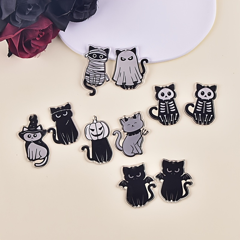 

10pcs Halloween Acrylic Charms Set - Black Cats, Skeletons, And Pumpkin For Diy Jewelry Making, Necklace, Earrings, And Pendant Crafting Accessories