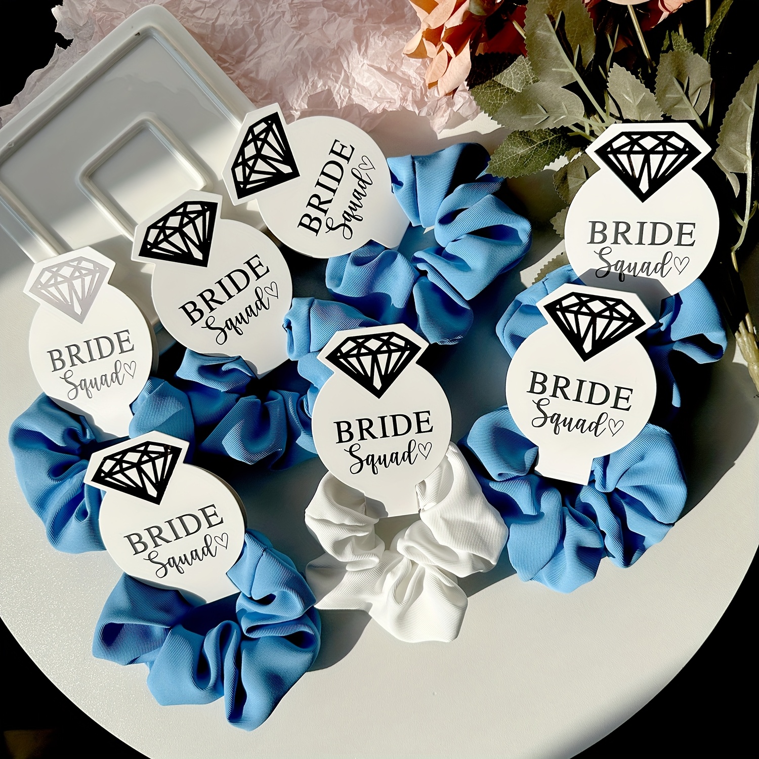 

7pcs Elegant & Sweet Scrunchie Set With Diamond Cards - Soft, Hair Ties In White/blue For Weddings, Bridesmaids, And Bachelorette Parties