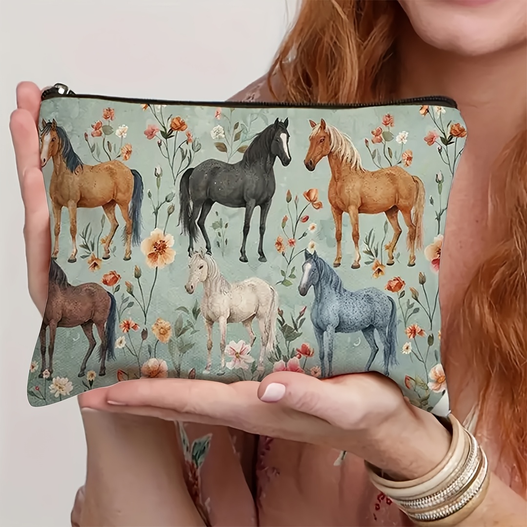 TEMU 1pc -adult Polyester Makeup Bag With Zipper, Horse And , Multi-functional Portable Toiletry Pouch For Travel, Vacation, Business, Fitness, Camping - Unscented, Toiletry Travel Bag