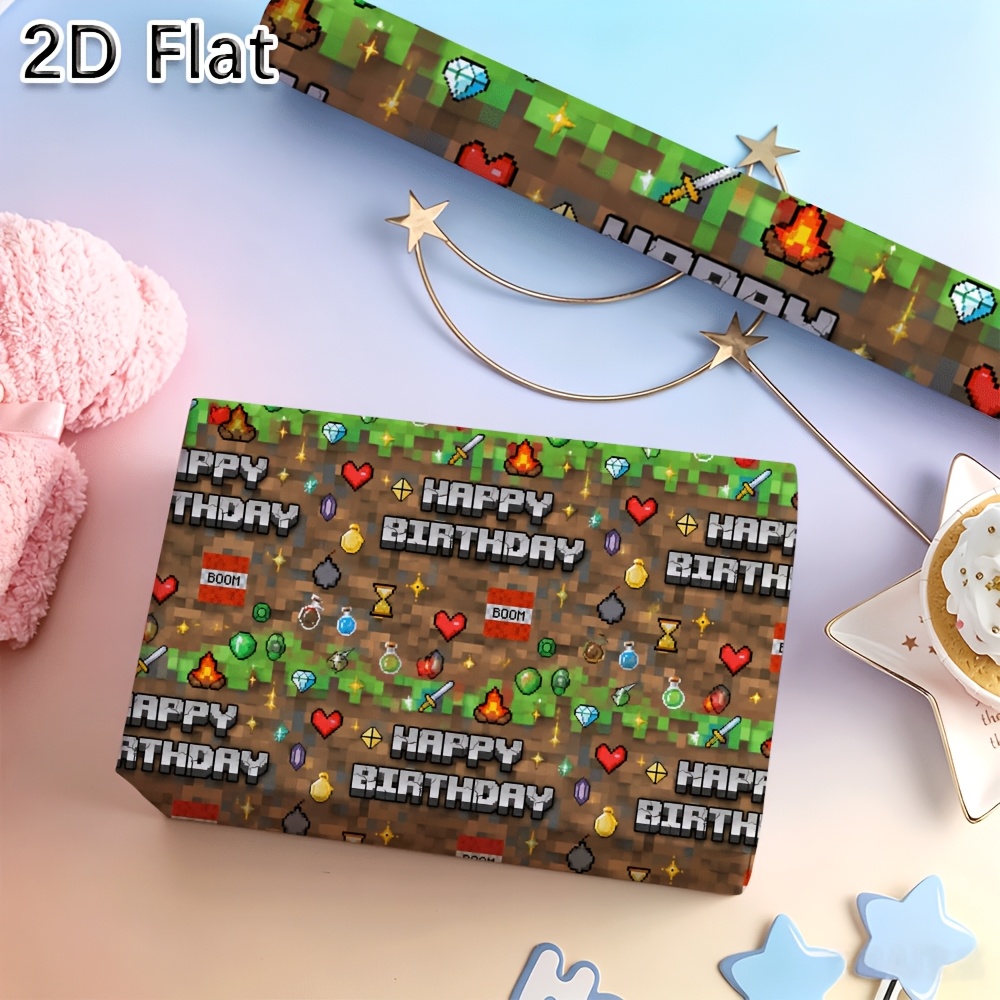 TEMU 1 Rol [2D Plat] Cadeaupapier met 'Happy Birthday' Thema Pixel Print Geschikt voor Verjaardagscadeau Verpakking en Feestdecoratie