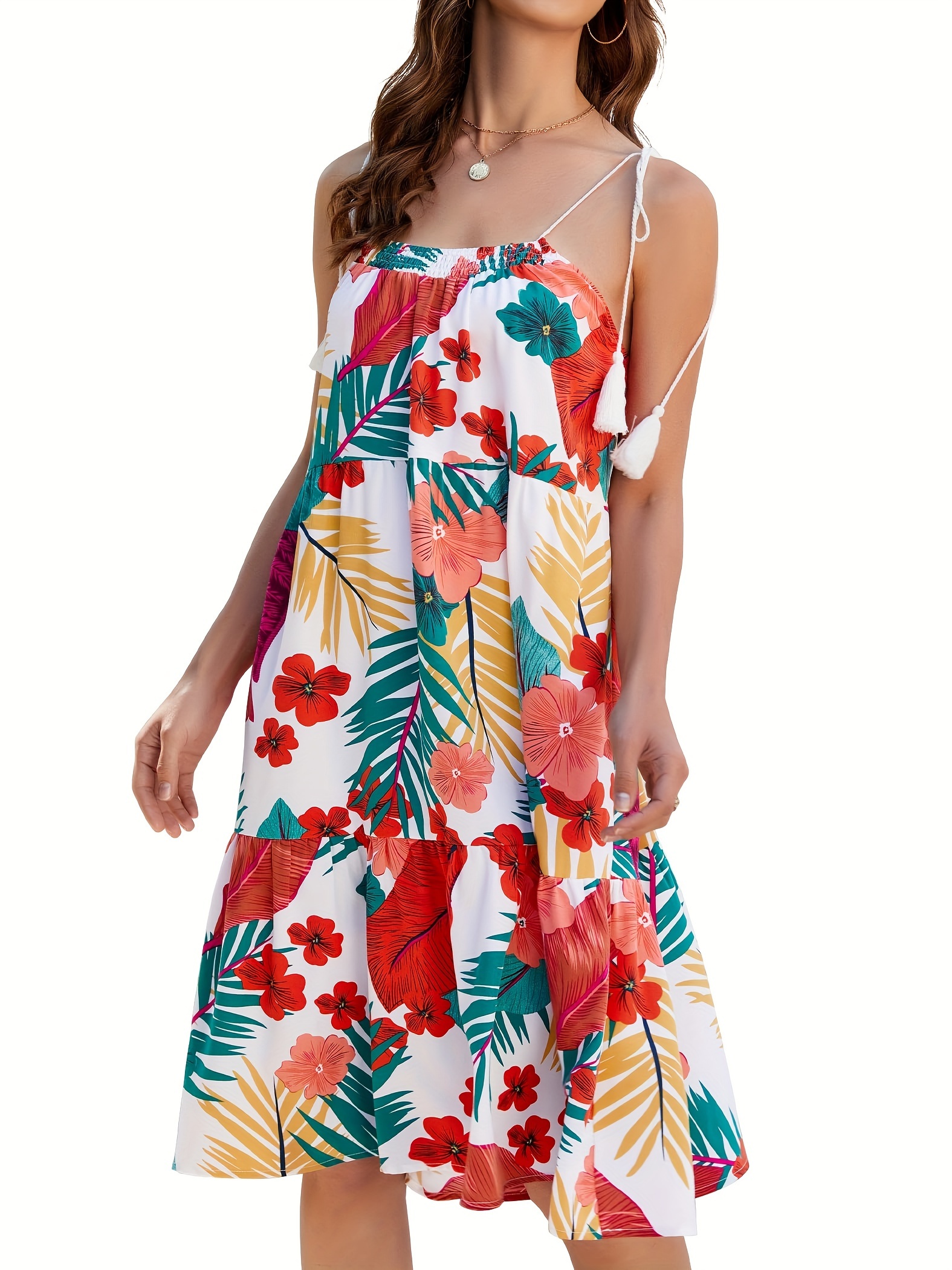 knee length dresses for ladies Big Flower Spaghetti Strap Midi Dress Off-White Red Flower / S