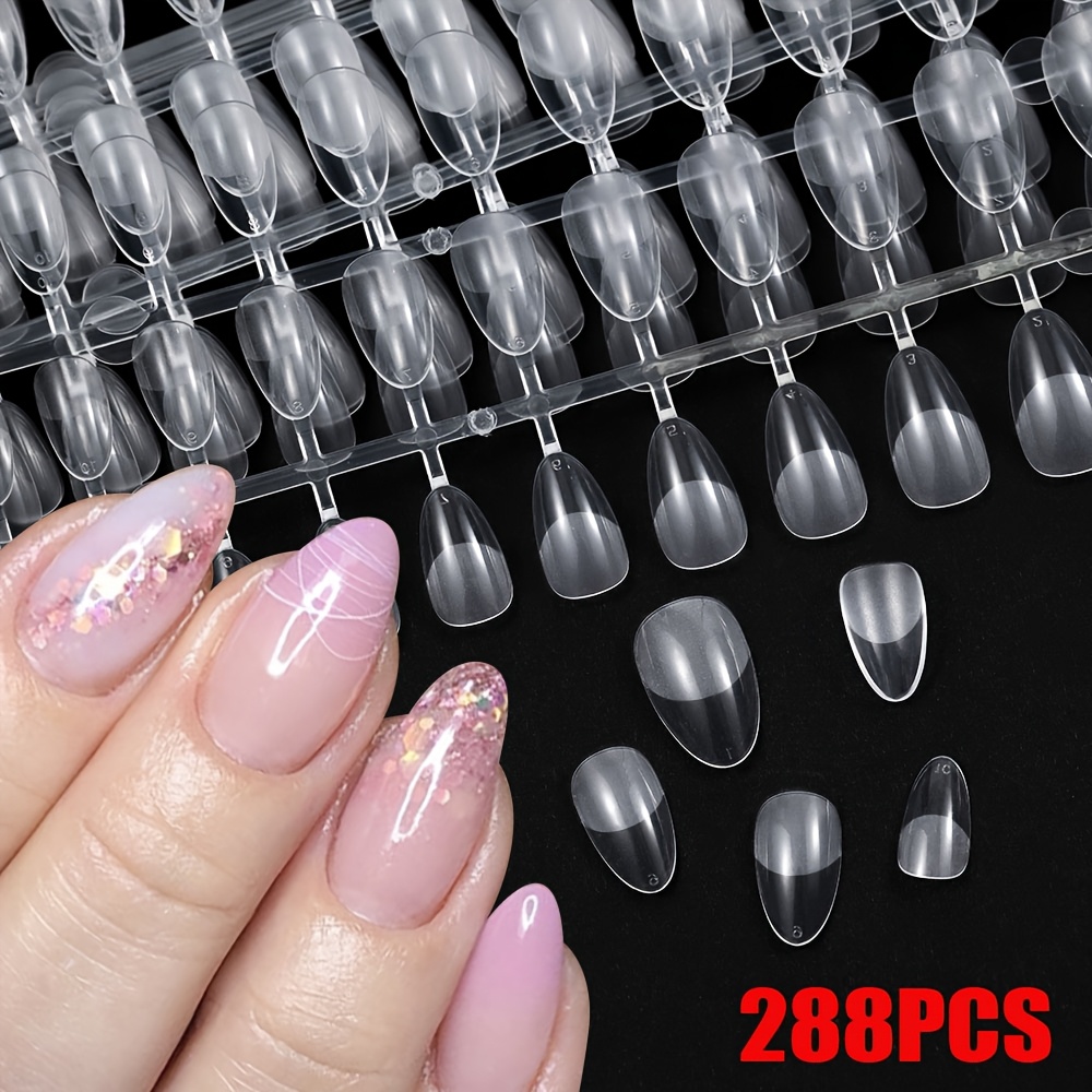 TEMU 288pcs/bag Short Almond Half Frosted Press On Nails, Half Matte & Glossy Transparent Soft Gel False Nails Full Cover Extra Short Xxs Fake Nail