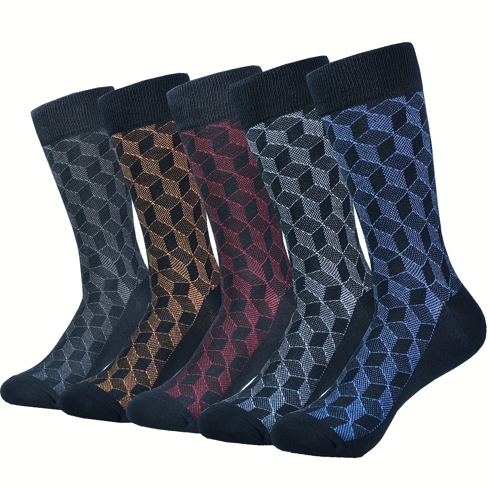 

Geometric 5 Pairs Men's Crew Socks, Comfy Casual Sports Socks For Basketball Running