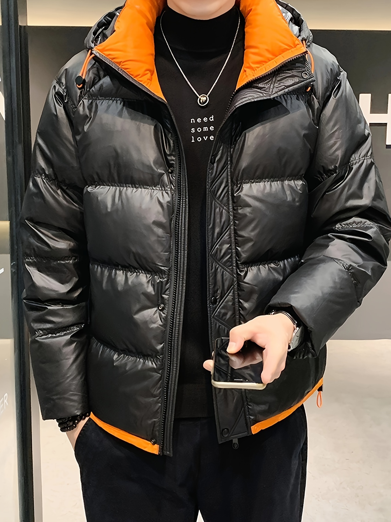 남성용 패딩 자켓, 캐주얼 스타일, 폴리에스테르, 후드, 대조 색상, 정사이즈, 긴 소매, 지퍼 프론트, 포켓, 흰색 다운 충전, 단색, 직물 원단.