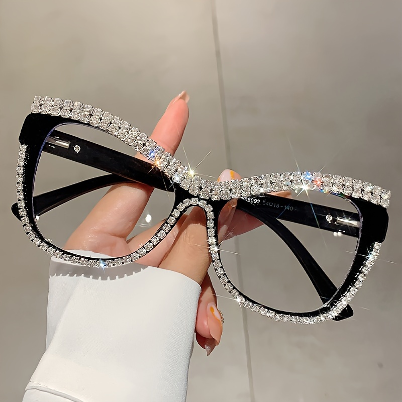 Image of A Pair Of Women's Fashion Rhinestone-decorated Cat-eye Plain Glasses