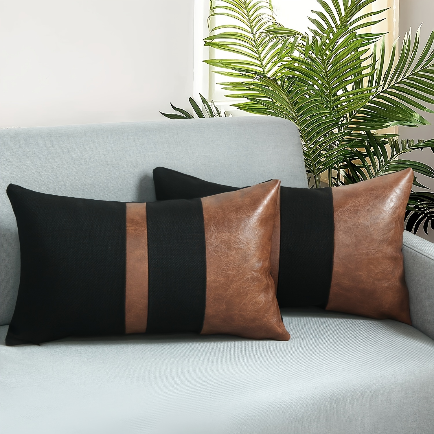 

2 housses de coussin modernes en cuir PU et lin noir - Convient pour le canapé, le lit et la décoration du salon (sans inserts)