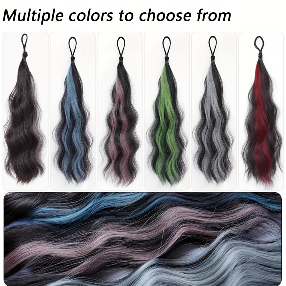 2pcs long wavy highlight color braided ponytail for women synthetic wigs with rubber bands curly ponytail extensions elastic hair band details 2