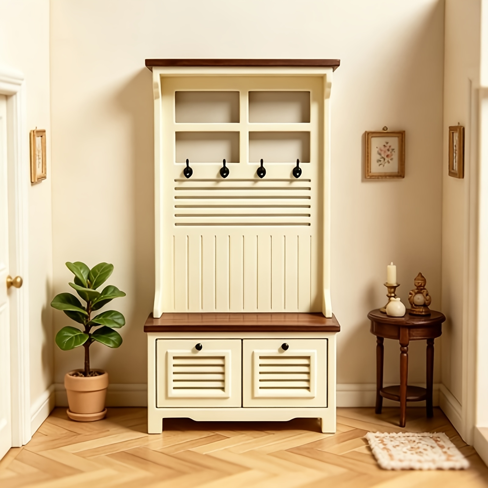 TEMU 1:12 Scale Dollhouse Cream Yellow Entryway Shoe Cabinet With Hooks, Vintage Mini Hall Storage Cabinet, Miniature Scene Furniture Ornament,