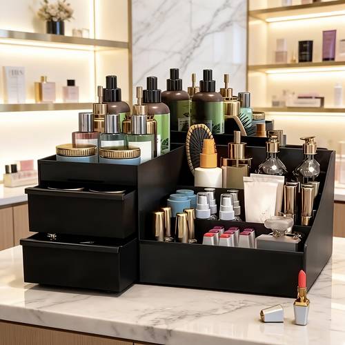 2pcs 1 set cosmetic storage box with mirror and folding comb vanity organizer shelf for bathroom countertops stores serums lotions lipsticks powder and other beauty and skincare products features a lightly luxurious and elegant
