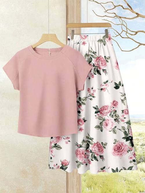 item picture womens solid color top and printed skirt set
