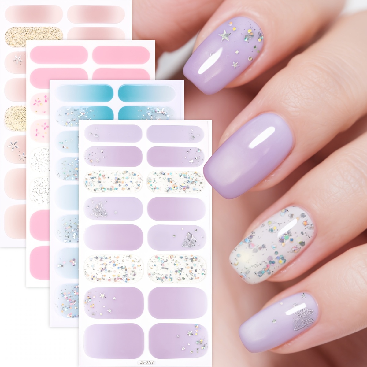 Image of 64pcs Nail Polish Strips, Autumn And Winter Lavender Shiny Glitter Self-adhesive Full Nail Wraps, Nail Art Stickers For Women's Home Diy