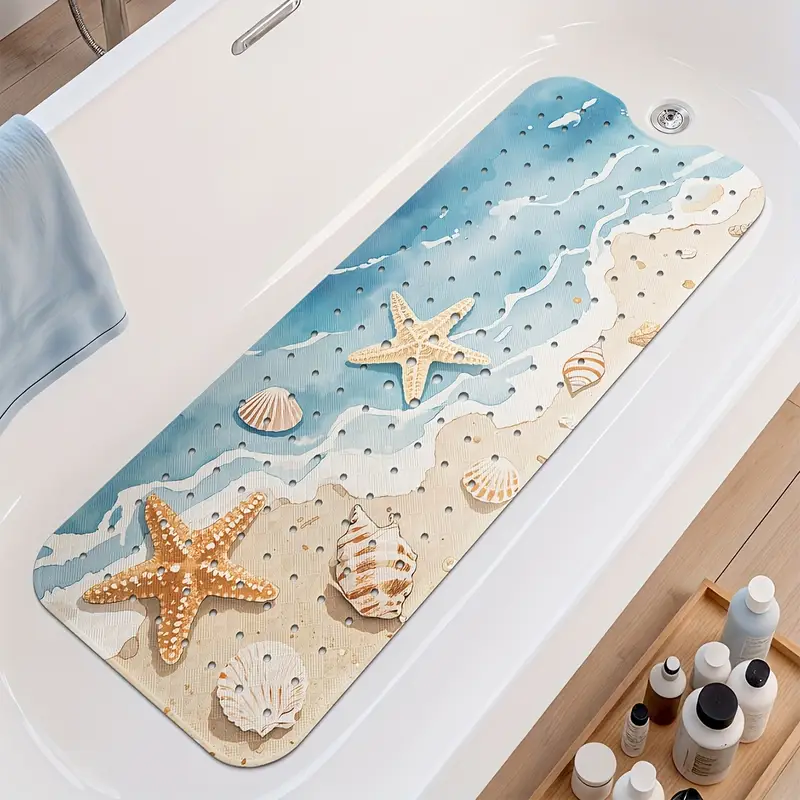 1pc beach print non slip shower mat pvc bath mat with ocean waves seashells design blue white bathroom bathtub and shower safety bathtub mat Product details 0