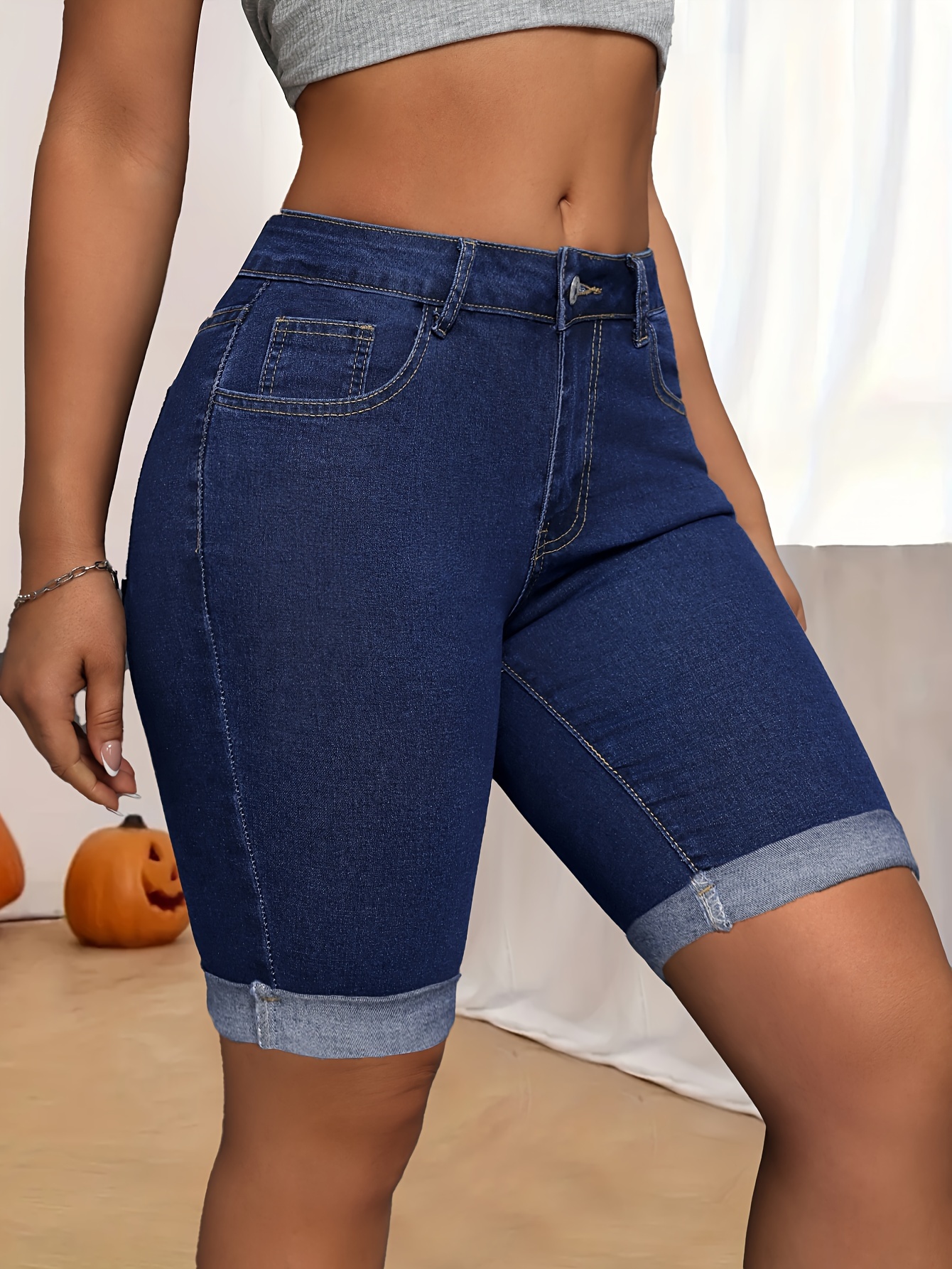 Women's High-Waist Stretch Denim Knee-Length Shorts with Hem Dark Blue,  Slash Pockets Fit, Casual Wear Shorts|Trendy Denim Shorts|Polyester