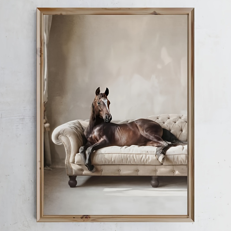 

Chic Horse Lounging On Sofa Canvas Art Print - Polyester Wall Decor For Living Room, Kitchen & Office - Perfect Christmas Gift, Room Decor