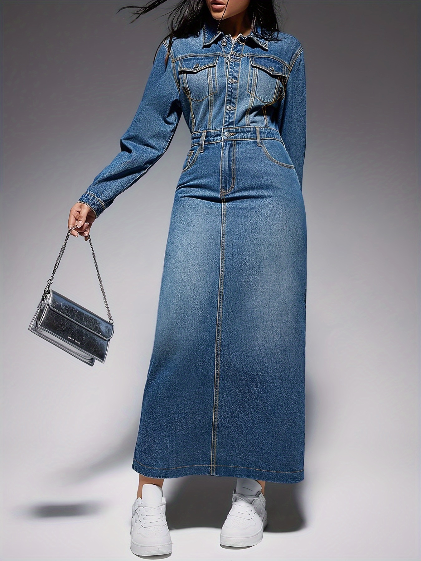 fitted button down denim dress Elle Blue Denim Shirtdress M / 243 Raw Blue main image 1