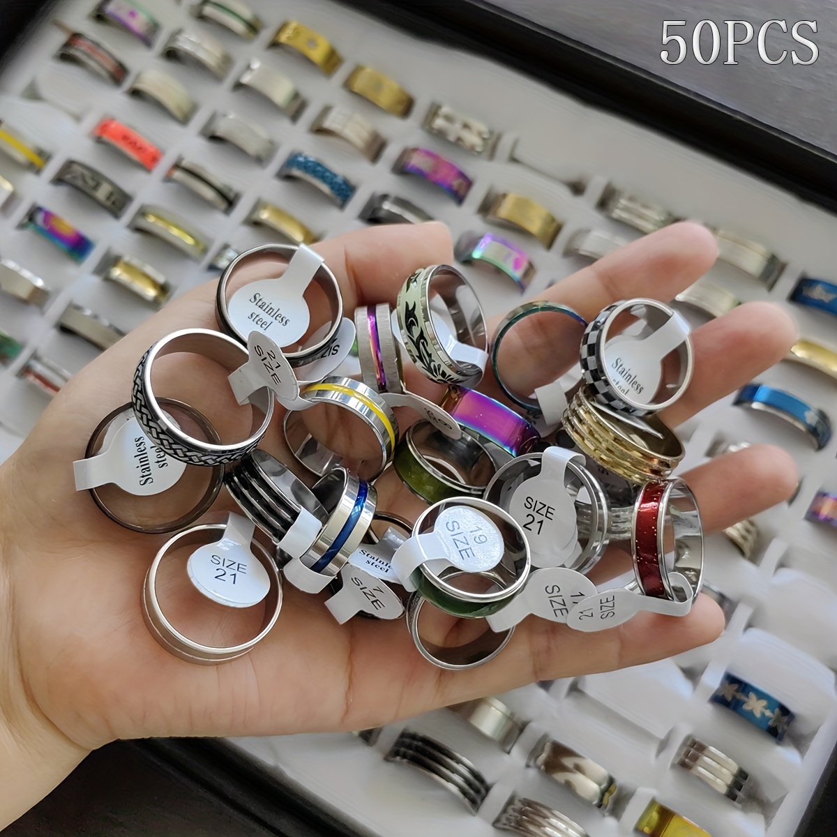 TEMU 50pcs Wholesale Bulk Stainless Steel Ring, Easy Mixed Style Jewelry Wedding Party Gifts For Women Men Jewelry, (size 17mm 18mm 19mm 20mm 21mm)