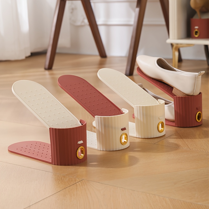 10pcs Shoe Rack, Vertical Stripe with Golden Ring. Stylish Color Scheme. Space-Saving, Solves Messy Issues, Fits All Kinds of Shoes. Foldable Splicing, Free Combination, Suitable For Living Room, Dormitory, Closet. Durable Pp Material