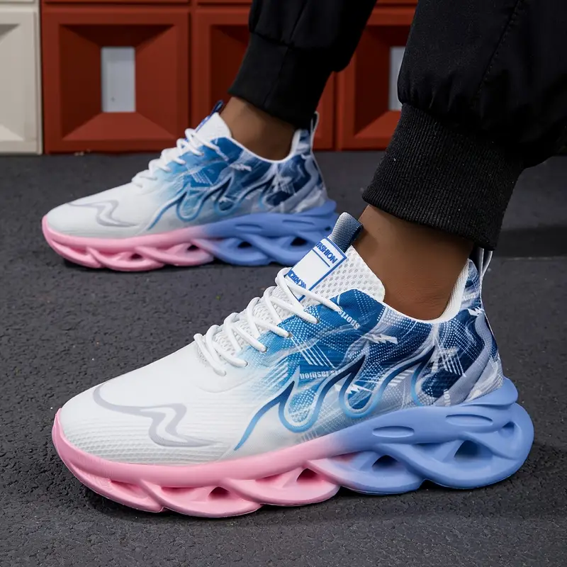 breathable mesh fashion sneakers for men and women non slip low top outdoor running shoes geometric pattern lace up and slip on comfortable fabric insole md sole round toe details 3