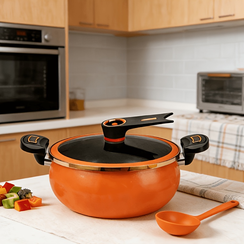 TEMU 7l Large Capacity Soup Pot & Food Steamer, Food Service Equipment For Home & Commercial Use. With Soup Ladle & Twist-lock Handle Lid. Orange,