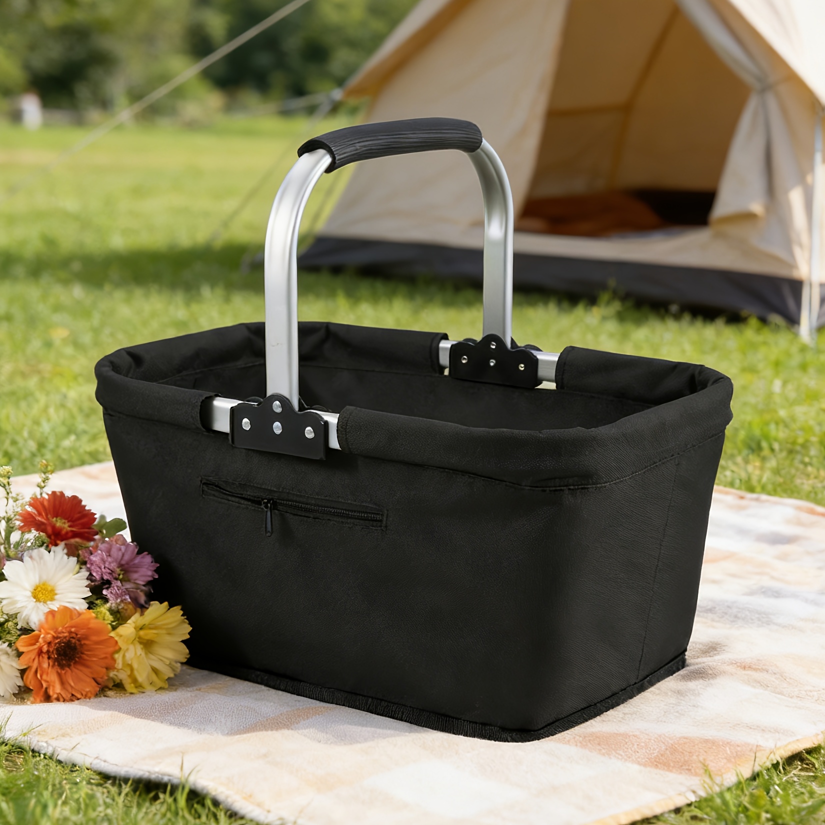 Collapsible Aluminum Frame Basket With A Large Zipper Side Pocket, Ideal For Shopping At Picnics, Markets, And Supermarkets, Storage Space. Non-food Direct Contact