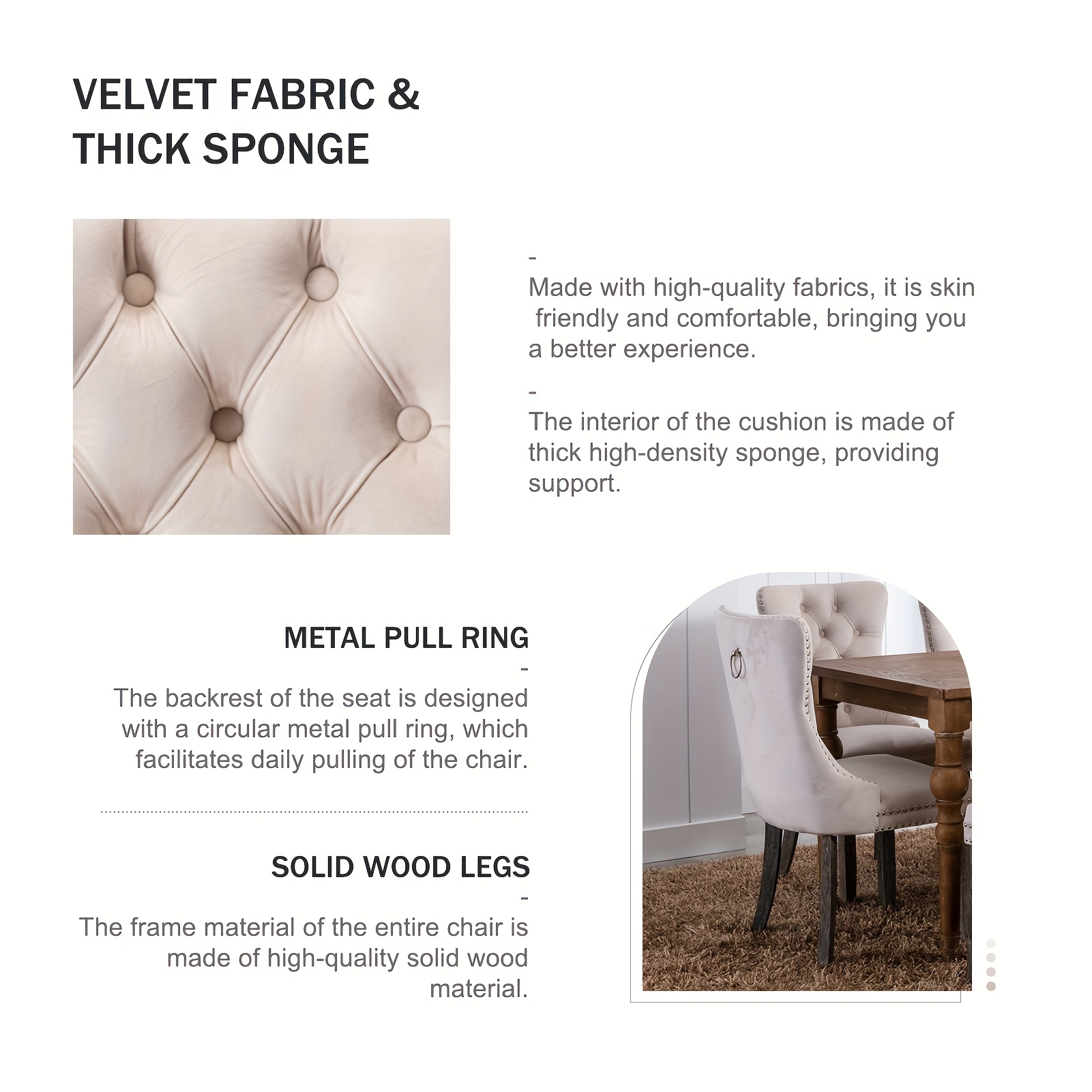 Velvet Upholstered Dining Chairs Set Of 2, Wingback Dining Room Chairs with Ring Pull Trim And Button Back, Luxury Tufted Dining Chair for Living Room, Bedroom, Kitchen