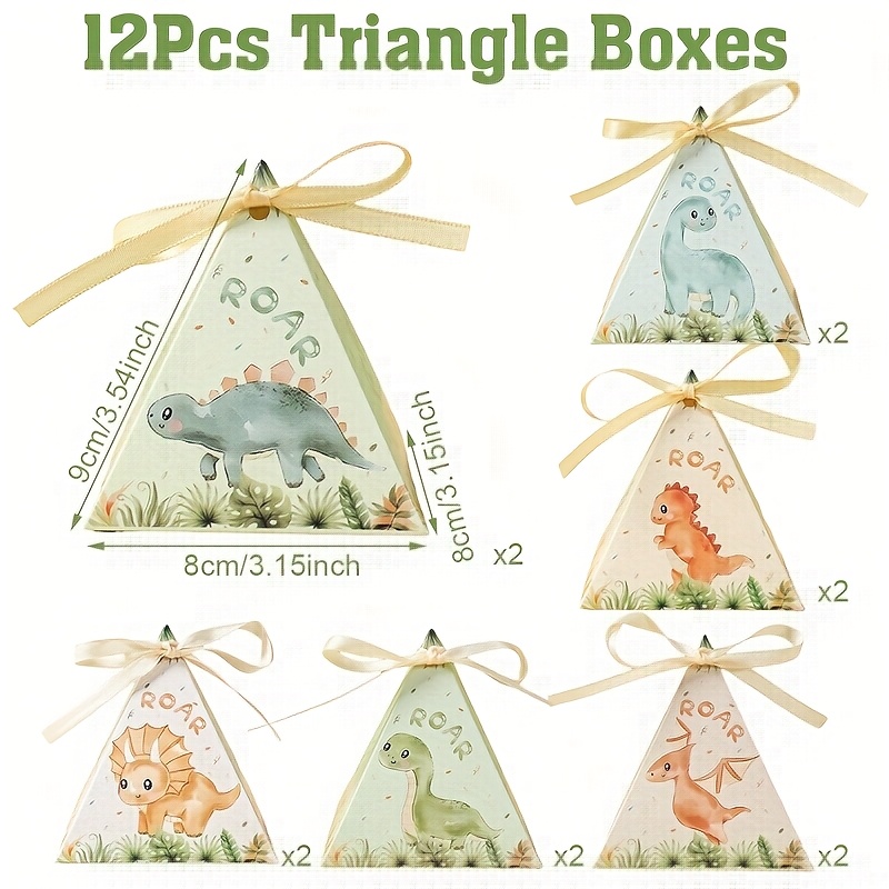 Image of 12pcs, Dinosaur Party Favors Box, Triangle Shaped Gift Box With Ribbons For Dinosaur Birthday Themed Party, Baby Shower, Dinosaur Birthday Decorations, Dino Theme Showers
