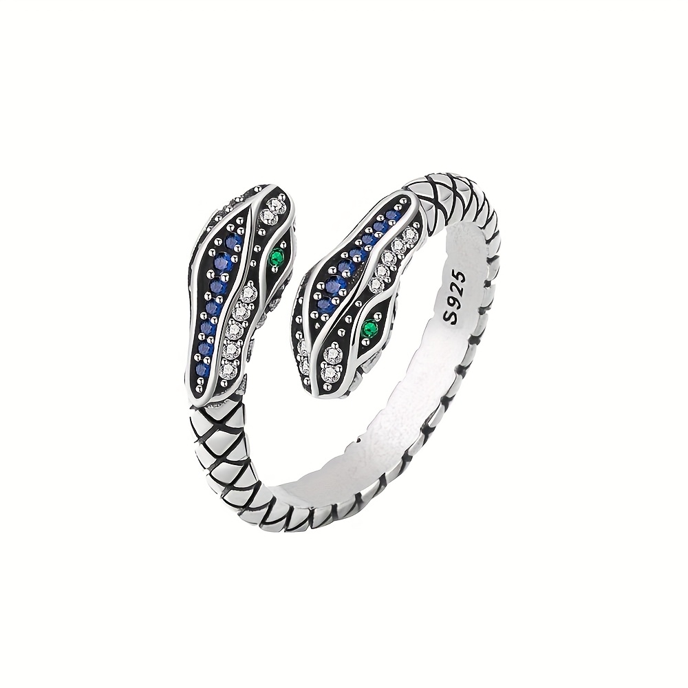 TEMU 1pc Women's Opening Ring 925 Silver Retro Rhombus Snake Ring Inlaid With Color Synthetic Synthetic Zirconia Suitable For Attending Banquets And