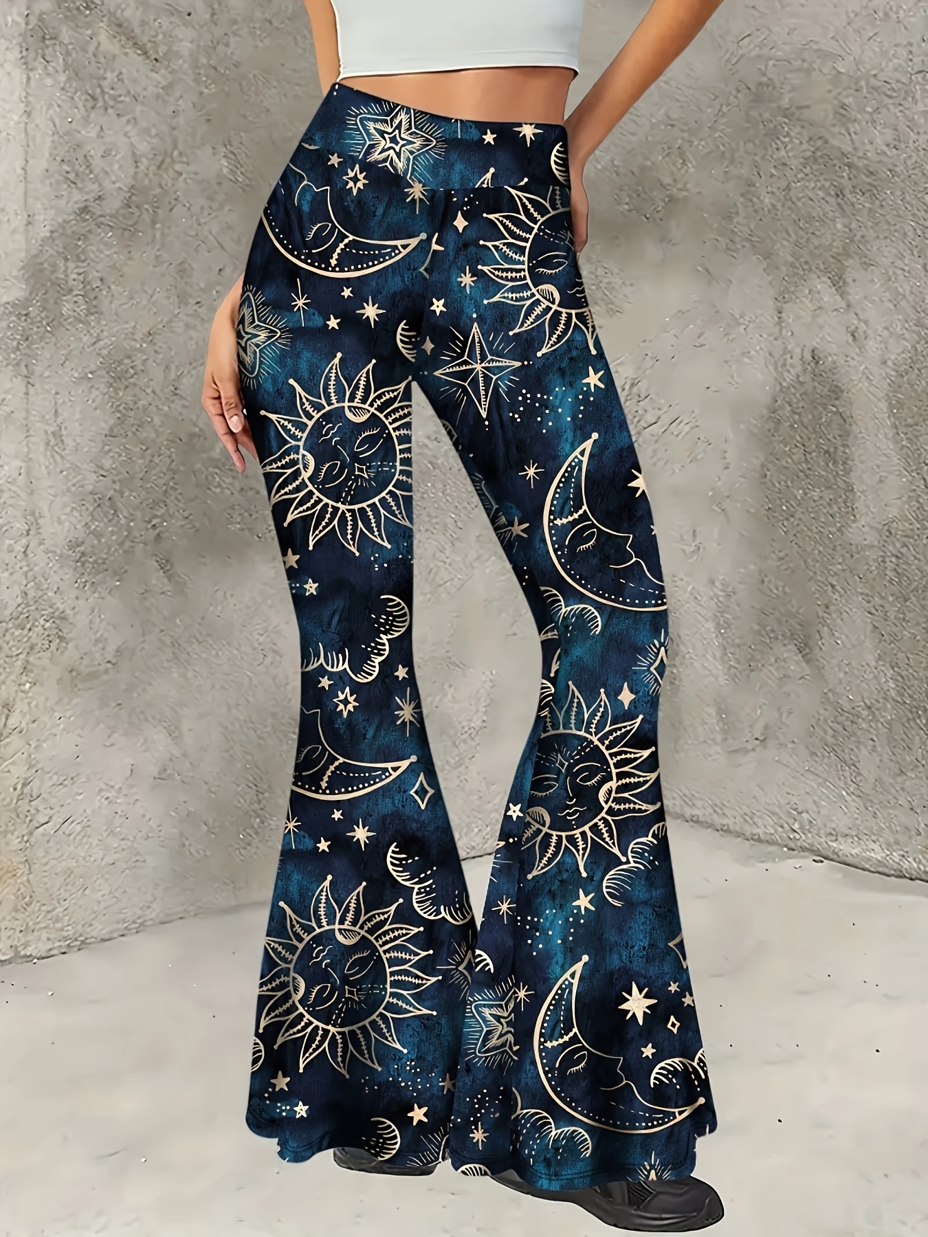 Celestial Sun, Moon, and Stars Print High-Waist Flare Leg Pants, Sexy  Stretch Bell Bottoms, Polyester Knit Fabric, for Women