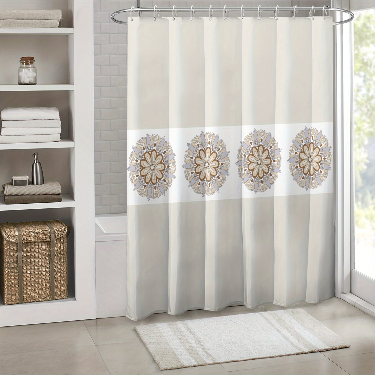 

1pc Mandala Floral Pattern Shower Curtain, Waterproof Decorative Bath Curtain, Anti-mold Bathroom Partition With Hooks, Home Bathroom Decor