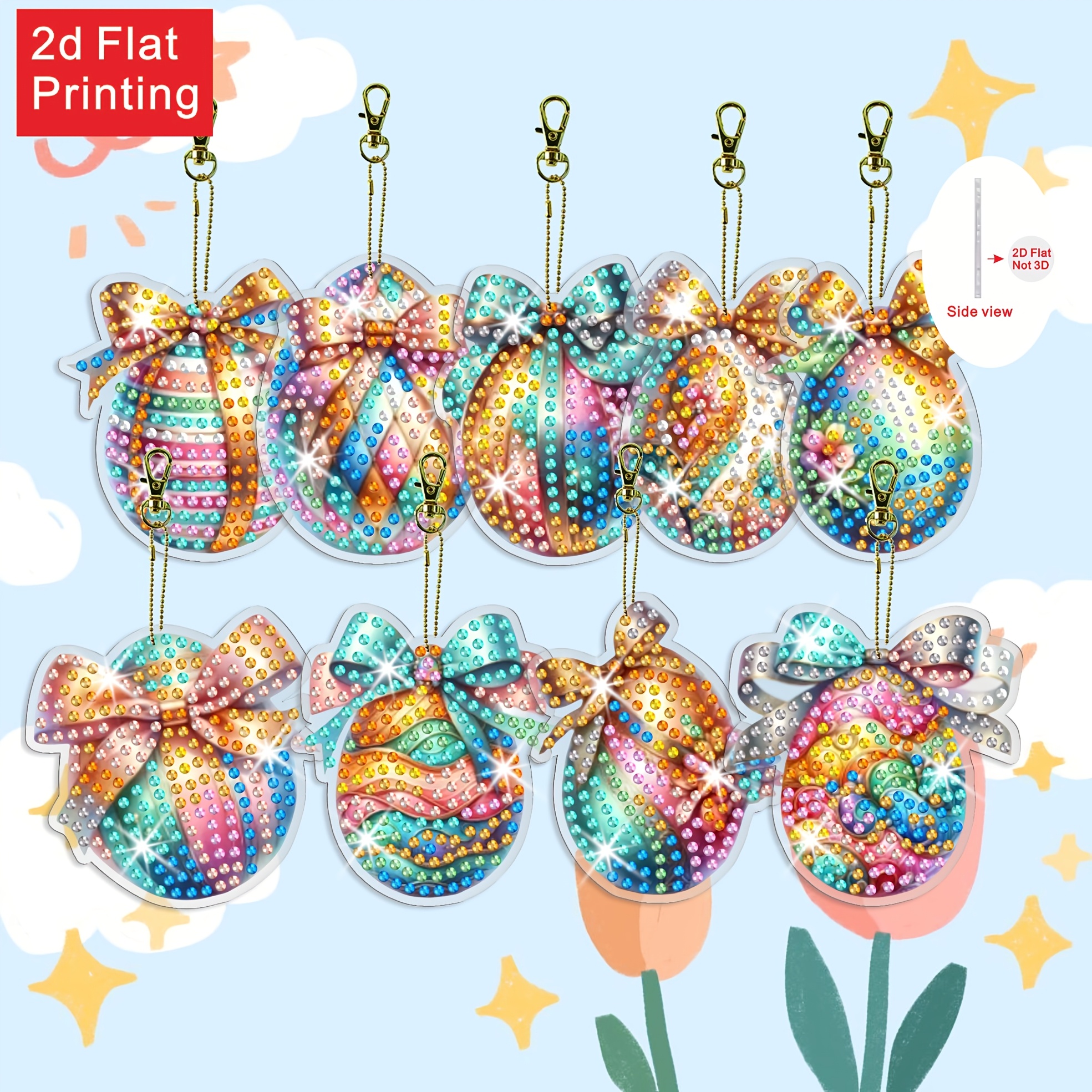 2d/flat 9pcs Egg Themed Diamond Painting Keychain Set, 5d Pendant Double-sided Hanging Keychain For Holiday Party Gifts And Backpack Additions, Beginner-friendly Gift Combo