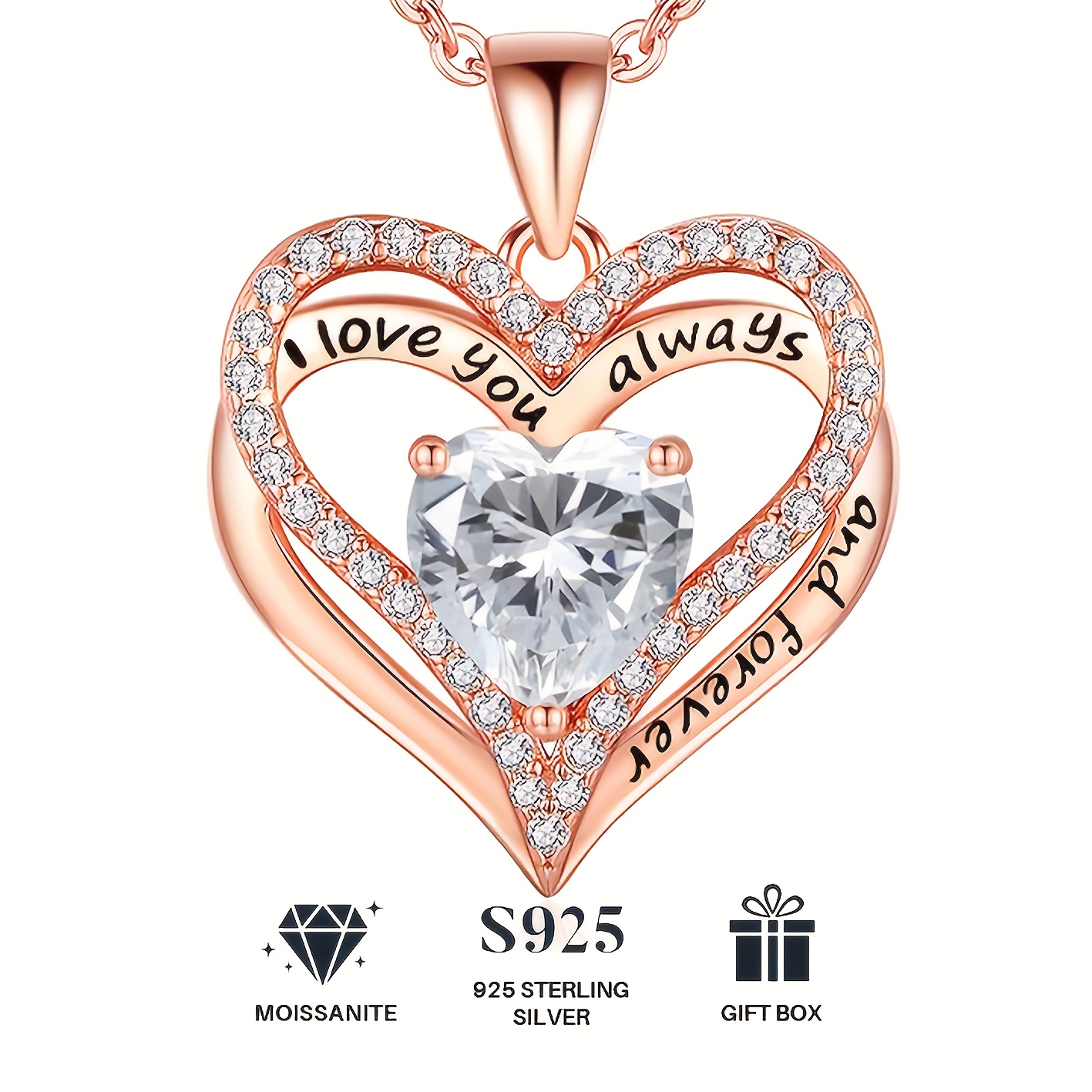 TEMU 1 925 Women' Silvery Necklace, Engagement Wedding Jewelry Rose Golden, Mother's Birthday And Valentine's Day Gift, Girlfriend Necklace, Heart