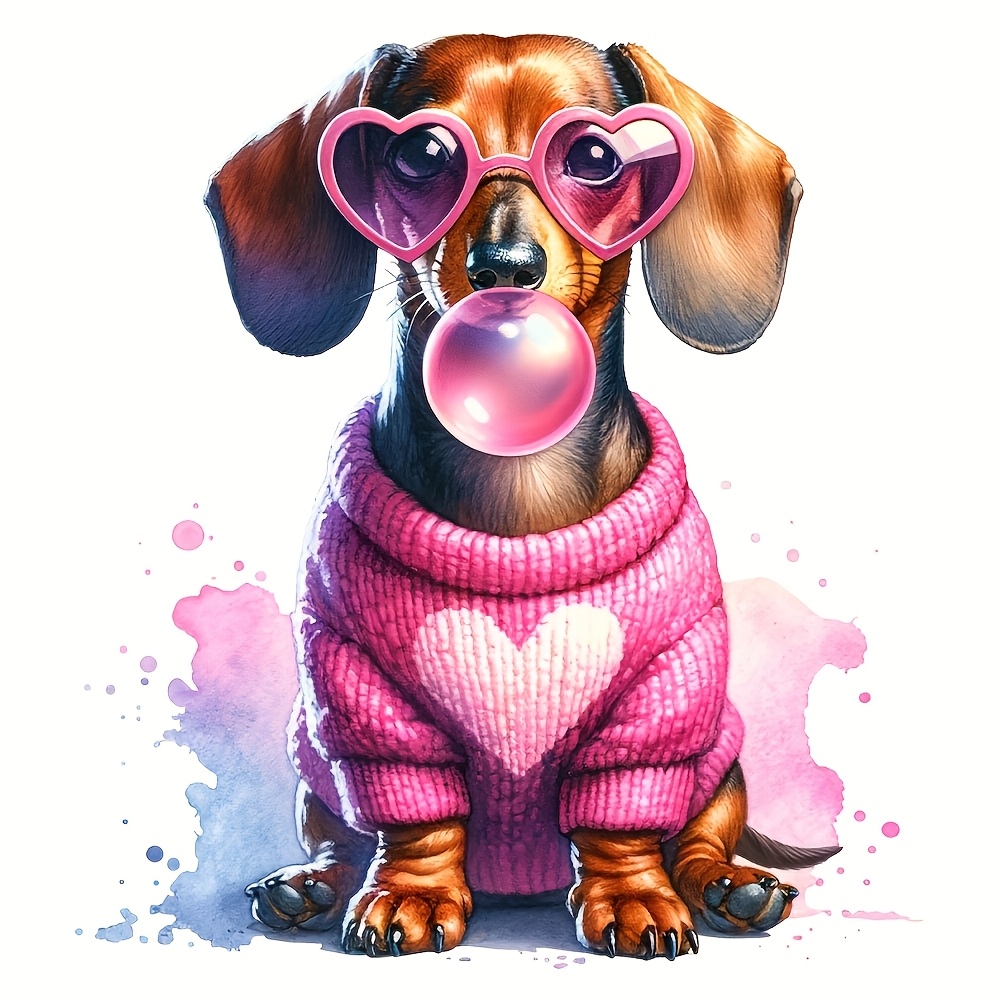 

1pc Dachshund Dog Iron-on Transfer, Mixed Color Polyurethane Applique, With Heart Sweater And Glasses , Animal Print Decal For Diy T-shirts, Jeans, Backpacks