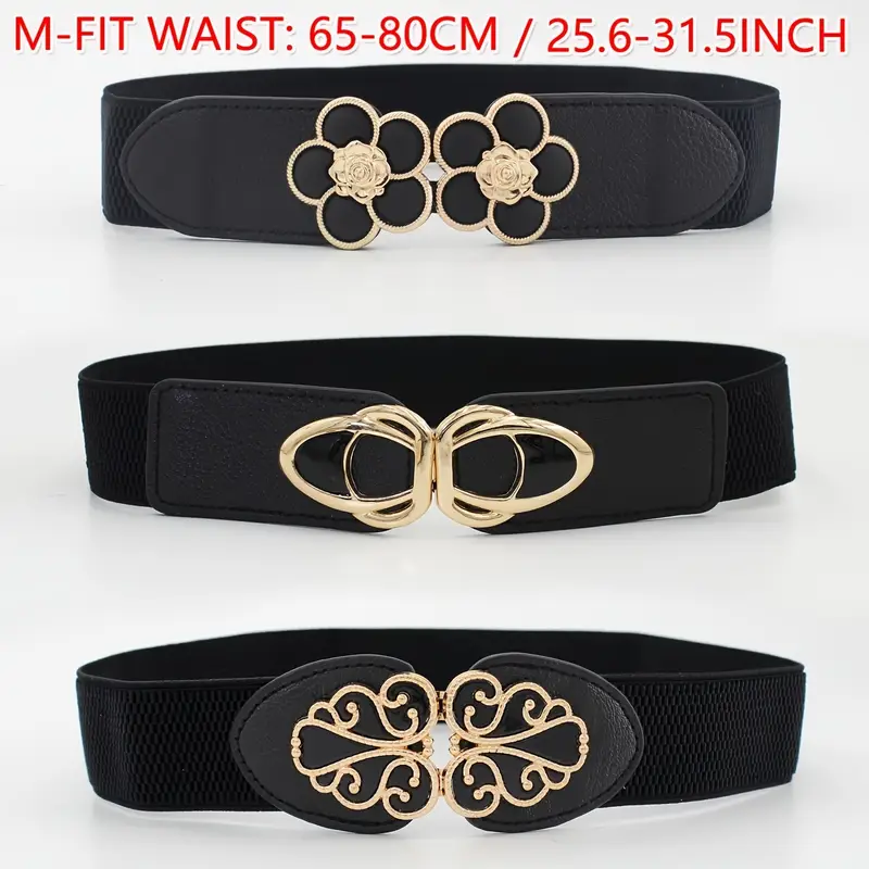 ladies wide belts for dresses WHIPPY Women Elastic Waist Belt Fashion Gold Buckle Stretchy Leather Waistband for Ladies, Black, Fits Waist 24"-28" at Amazon Women's Clothing store Wide Belt bold and flattering Whippy Women Elastic Wide Belt,