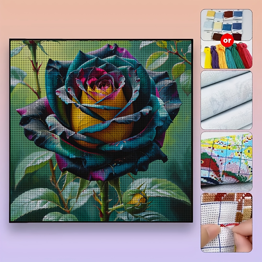 DIY Cross-Stitch Printed Kit with Colorful Roses Blooming Pattern, Unframed