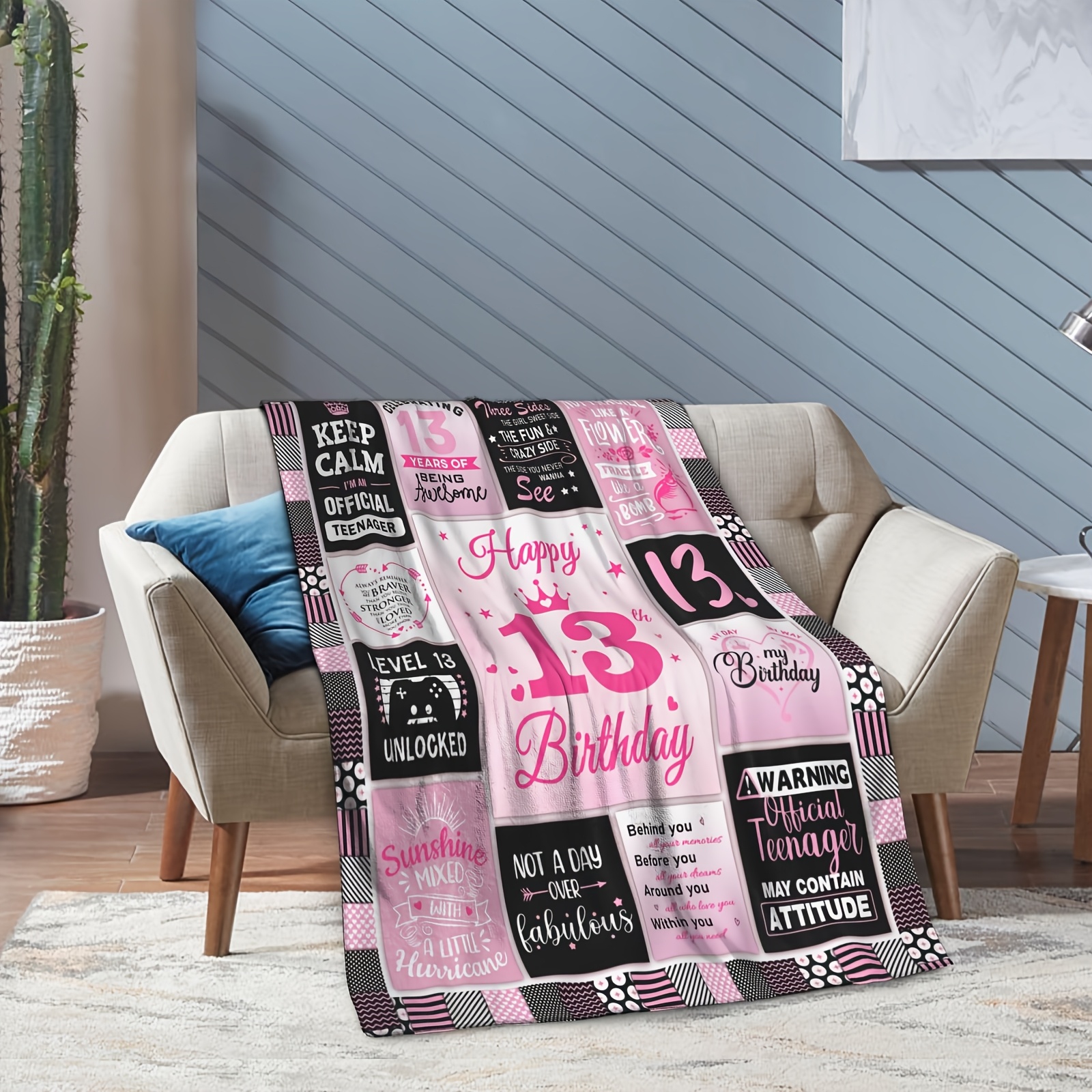 1pc Teenager Girl Birthday Throw Blanket &*;Happy 13th Birthday&*; Pink  Travel Blanket with Fun Phrases Numbers, Perfect