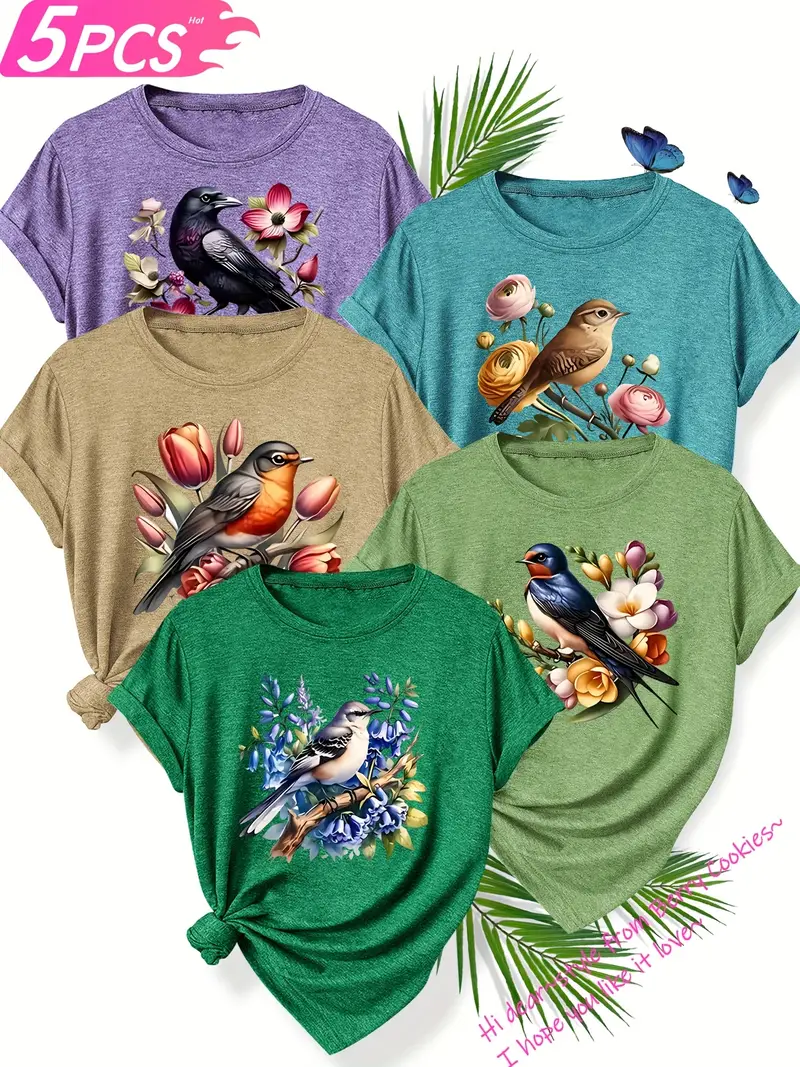 5pcs set of sisters simple and cute animal plant flower pattern printed elegant womens spring summer and autumn round neck short sleeve t shirt multi color s xxl Product details 6