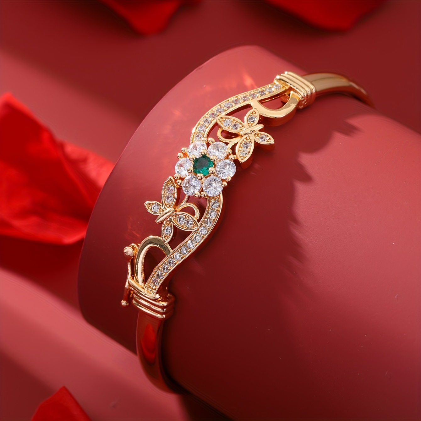 Golden Tone Butterfly Bangle Bracelet with Zirconia & Floral