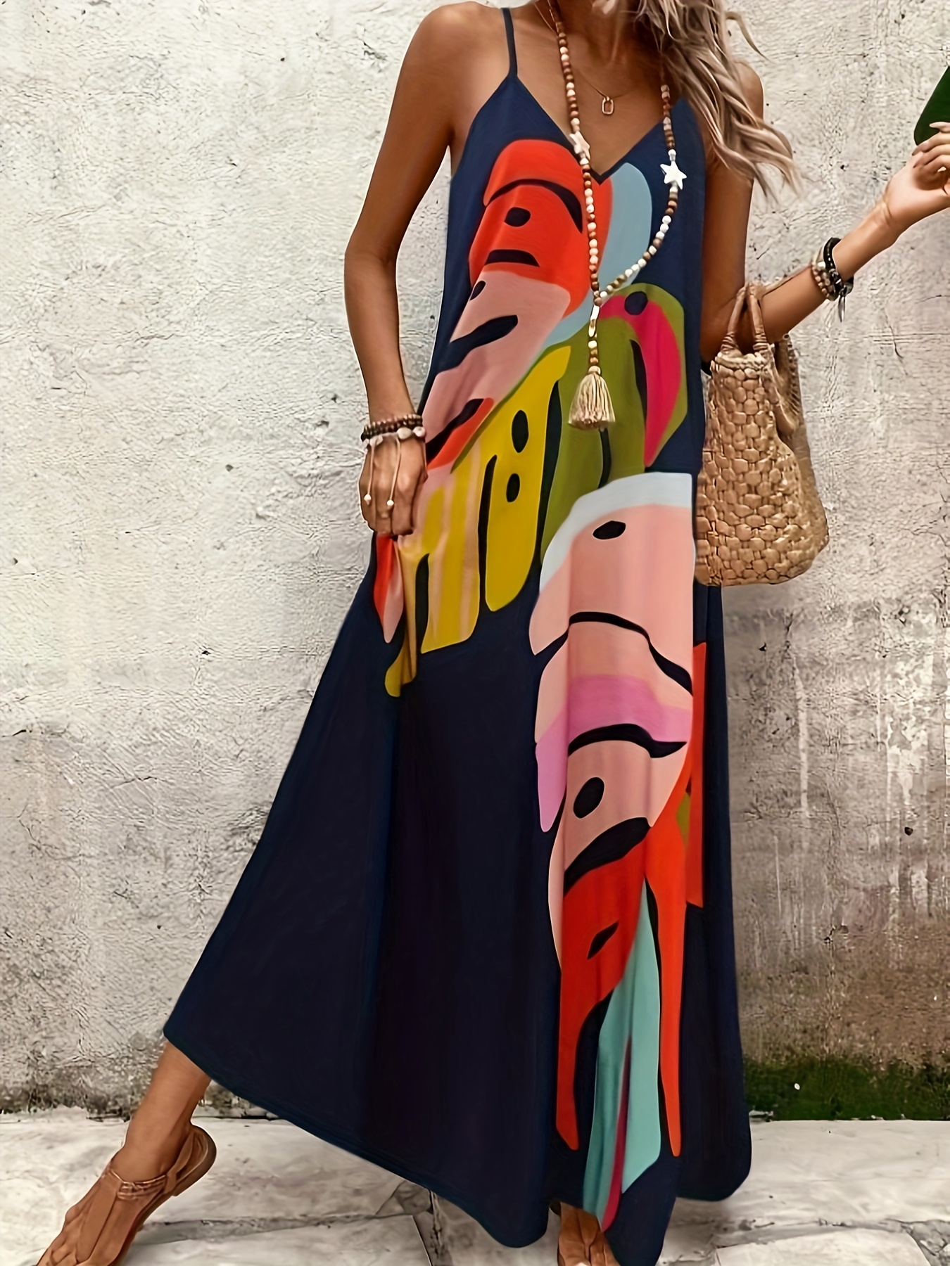 womens vibrant print sleeveless v neck maxi dress loose fit Temu