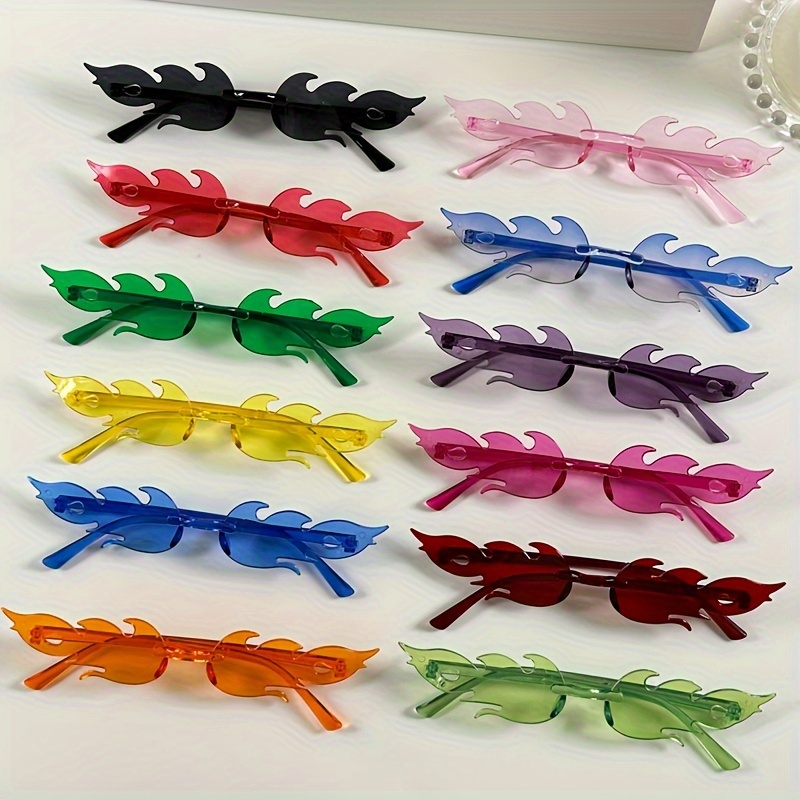 

12pcs Fire Flame Rimless Sunglasses For Women Men Candy Color Fashion One-piece Sun Shades Costume Party Prom Glasses