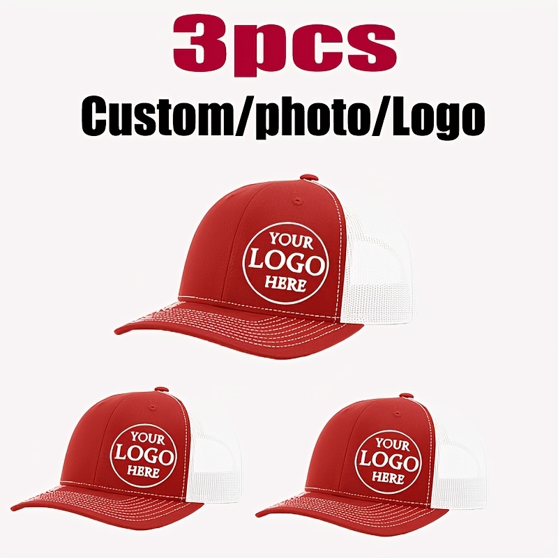 TEMU 3pcs Logo Trucker Hats Suitable For Outdoor, Breathable Mesh Baseball Caps With Adjustable Back Closure, Personalized Logo/logo & Text Printing,
